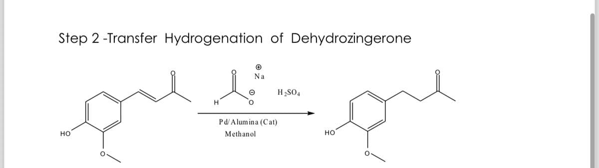 Step 2 -Transfer Hydrogenation of Dehydrozingerone
HO
Н
+
Na
H2SO4
Pd/Alumina (Cat)
Methanol
HO