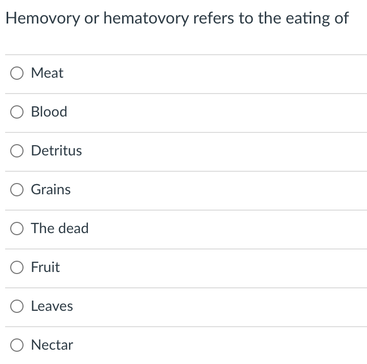 Hemovory or hematovory refers to the eating of
Meat
Blood
O Detritus
Grains
The dead
Fruit
Leaves
O Nectar
