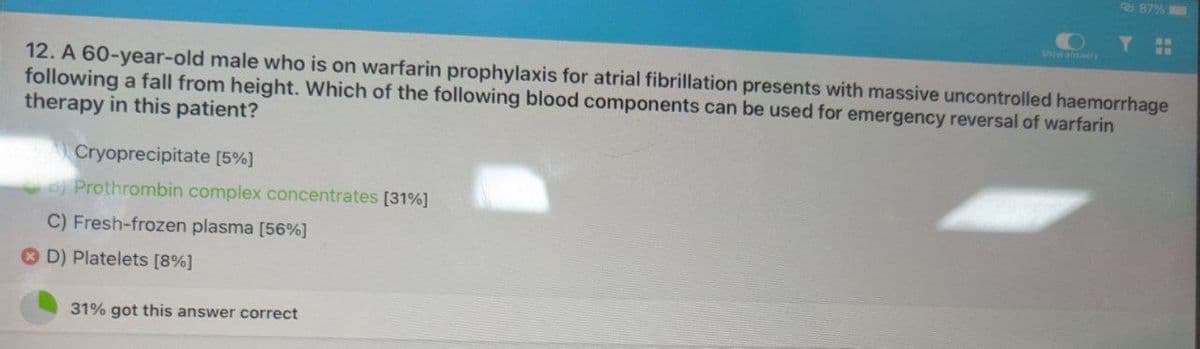 87%
12. A 60-year-old male who is on warfarin prophylaxis for atrial fibrillation presents with massive uncontrolled haemorrhage
following a fall from height. Which of the following blood components can be used for emergency reversal of warfarin
therapy in this patient?
Cryoprecipitate [5%]
B) Prothrombin complex concentrates [31%]
C) Fresh-frozen plasma [56%]
D) Platelets [8%]
31% got this answer correct