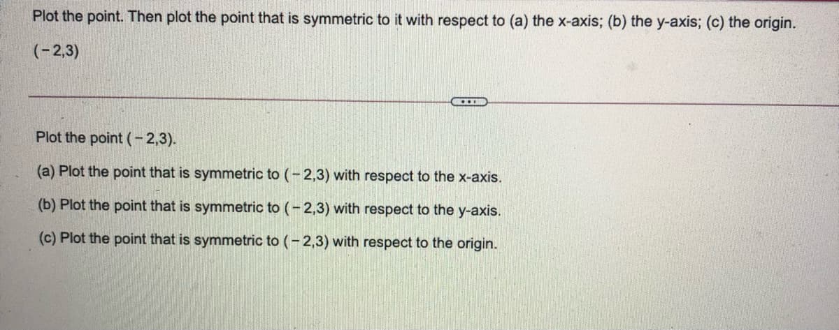 Plot the point. Then plot the point that is symmetric to it with respect to (a) the x-axis; (b) the y-axis; (c) the origin.
(-2,3)
Plot the point (-2,3).
(a) Plot the point that is symmetric to (-2,3) with respect to the x-axis.
(b) Plot the point that is symmetric to (-2,3) with respect to the y-axis.
(c) Plot the point that is symmetric to (-2,3) with respect to the origin.
