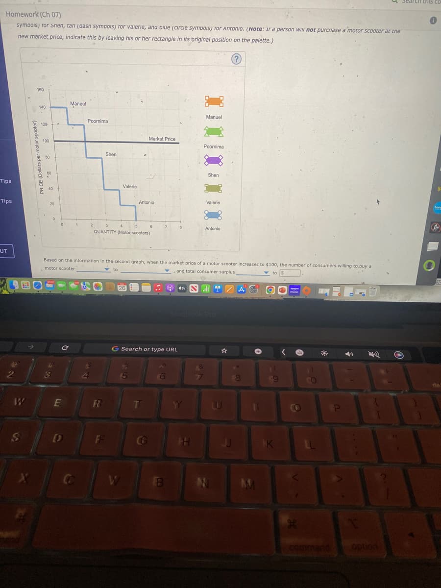 Homework (Ch 07)
symbois) for Snen, tan (aasn symbois) ror valerie, and Diue (circie symbois) Tor Antonio. (Note: ir a person will not purchase a motor scooter at the
new market price, indicate this by leaving his or her rectangle in its original position on the palette.)
(?)
Tips
Tips
UT
2
W
S
160
PRICE (Dollars per motor scooter)
140
120-
100
80
860
40
20
0
#f
3
.
0
C
Manuel
E
Poornima
2
$$
4
Shen
FR
Valerie
4
5
QUANTITY (Motor scooters)
to
26
Based on the information in the second graph, when the market price of a motor scooter increases to $100, the number of consumers willing to buy a
motor scooter
▼
and total consumer surplus
to
Market Price
Antonio
55
W
6
G Search or type URL
T
7
6
B
8
stv
YY
HH
Manuel
77
Poornima
Shen
Valerie
Antonio
all 4
N
☆
W
**
$8
JJ
+
11
O
(
K
music
H
s.lt
})
CO
*
P
option
search this co
Ⓡ
bong
A+