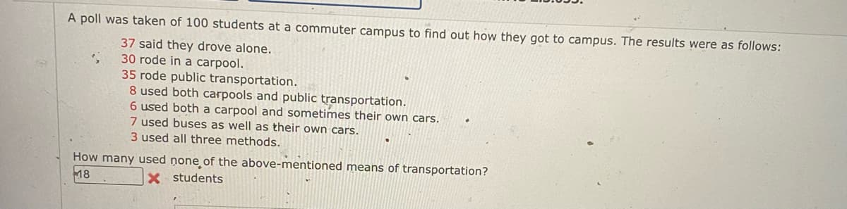 A poll was taken of 100 students at a commuter campus to find out how they got to campus. The results were as follows:
37 said they drove alone.
30 rode in a carpool.
35 rode public transportation.
8 used both carpools and public transportation.
6 used both a carpool and sometimes their own cars.
7 used buses as well as their own cars.
3 used all three methods.
How many used none of the above-mentioned means of transportation?
18
X
students