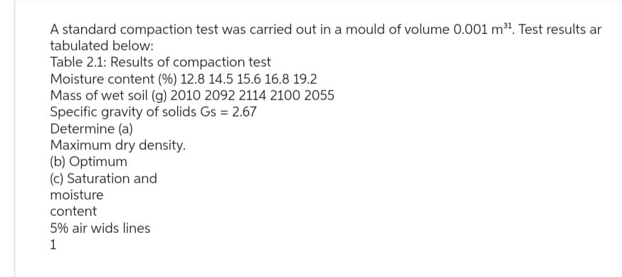 A standard compaction test was carried out in a mould of volume 0.001 m³¹. Test results ar
tabulated below:
Table 2.1: Results of compaction test
Moisture content (%) 12.8 14.5 15.6 16.8 19.2
Mass of wet soil (g) 2010 2092 2114 2100 2055
Specific gravity of solids Gs = 2.67
Determine (a)
Maximum dry density.
(b) Optimum
(c) Saturation and
moisture
content
5% air wids lines
1