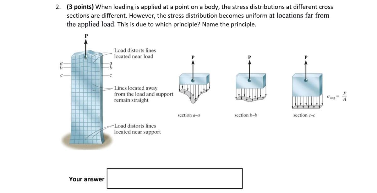 2. (3 points) When loading is applied at a point on a body, the stress distributions at different cross
sections are different. However, the stress distribution becomes uniform at locations far from
the applied load. This is due to which principle? Name the principle.
P
Load distorts lines
located near load
P
P
C
C
Lines located away
from the load and support
remain straight
P
O avg
A
section a-a
section b-b
section c-c
-Load distorts lines
located near support
Your answer
