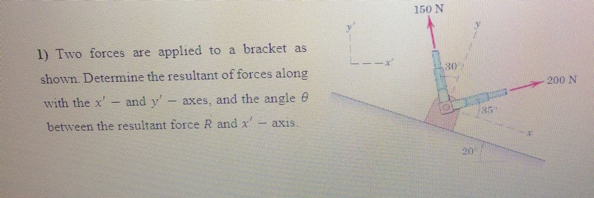 150 N
1) Two forces are applied to a bracket as
shown. Determine the resultant of forces along
with the x'
and y
axes, and the angle 6
between the resultant force R and x
axis.
20°
