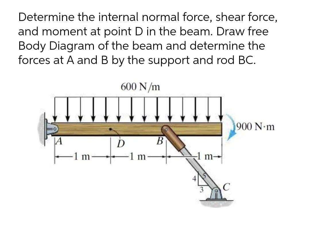 Determine the internal normal force, shear force,
and moment at point D in the beam. Draw free
Body Diagram of the beam and determine the
forces at A and B by the support and rod BC.
600 N/m
900 N m
D
В
1 m
1 m
1 m-
