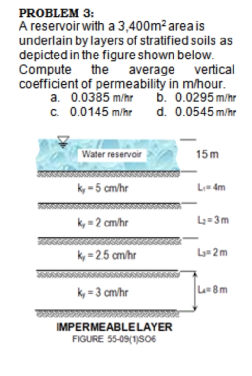 PROBLEM 3:
A reservoir with a 3,400m? area is
underlain by layers of stratified soils as
depicted in the figure shown below.
Compute the
coefficient of permeability in m/hour.
a. 0.0385 m/hr
c. 0.0145 m/hr
average
vertical
b. 0.0295 m/hr
d. 0.0545 m/hr
Water reservoir
15m
k, = 5 cm/hr
L= 4m
k, = 2 cm/hr
L2= 3m
k, = 2.5 cm/hr
L3= 2m
k, = 3 cm/hr
La=8m
IMPERMEABLE LAYER
FIGURE 55-09(1)SO6
