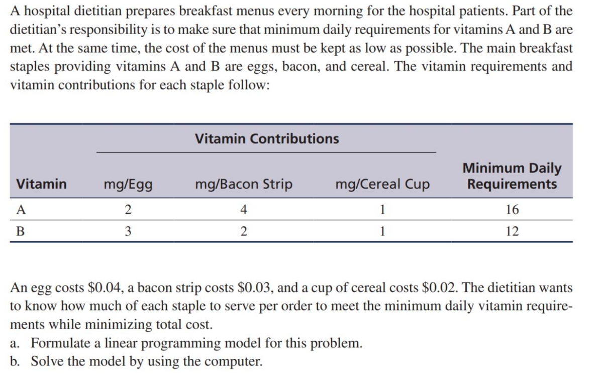 A hospital dietitian prepares breakfast menus every morning for the hospital patients. Part of the
dietitian's responsibility is to make sure that minimum daily requirements for vitamins A and B are
met. At the same time, the cost of the menus must be kept as low as possible. The main breakfast
staples providing vitamins A and B are eggs, bacon, and cereal. The vitamin requirements and
vitamin contributions for each staple follow:
Vitamin Contributions
Minimum Daily
Requirements
Vitamin
mg/Egg
mg/Bacon Strip
mg/Cereal Cup
А
2
4
1
16
В
3
2
1
12
An egg costs $0.04, a bacon strip costs $0.03, and a cup of cereal costs $0.02. The dietitian wants
to know how much of each staple to serve per order to meet the minimum daily vitamin require-
ments while minimizing total cost.
a. Formulate a linear programming model for this problem.
b. Solve the model by using the computer.

