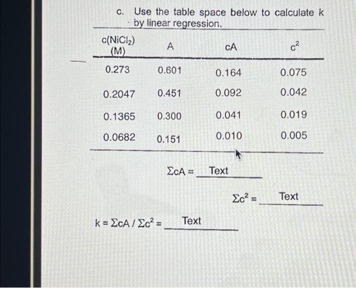-
c. Use the table space below to calculate k
by linear regression.
1.
c(NiCl₂)
(M)
0.273
A
0.1365
0.0682
0.601
0.2047 0.451
0.300
0.151
ΣCA =
k = ECA/Ec²= Text
CA
0.164
0.092
0.041
0.010
Text
c²
0.075
0.042
0.019
0.005
Ec²= Text