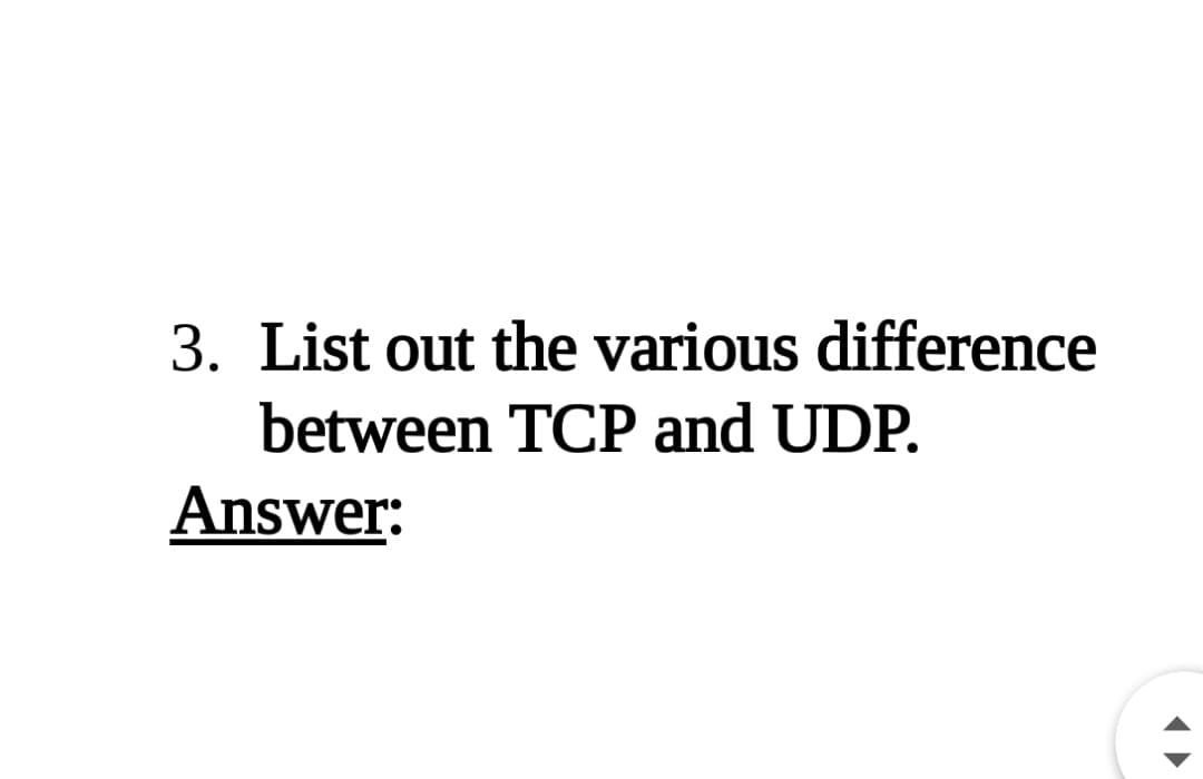 List out the various difference
between TCP and UDP.
