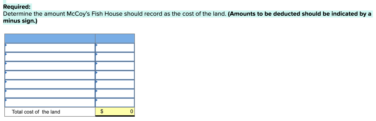Required:
Determine the amount McCoy's Fish House should record as the cost of the land. (Amounts to be deducted should be indicated by a
minus sign.)
Total cost of the land
$
