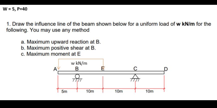 W = 5, P=40
1. Draw the influence line of the beam shown below for a uniform load of w kN/m for the
following. You may use any method
a. Maximum upward reaction at B.
b. Maximum positive shear at B.
c. Maximum moment at E
w kN/m
A
E
for
5m
10m
10m
10m
