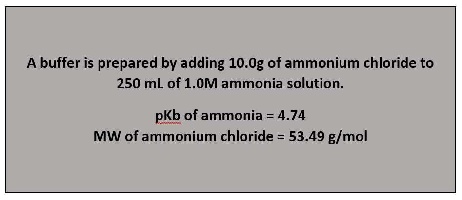 A buffer is prepared by adding 10.0g of ammonium chloride to
250 mL of 1.0M ammonia solution.
pKb of ammonia = 4.74
MW of ammonium chloride = 53.49 g/mol
