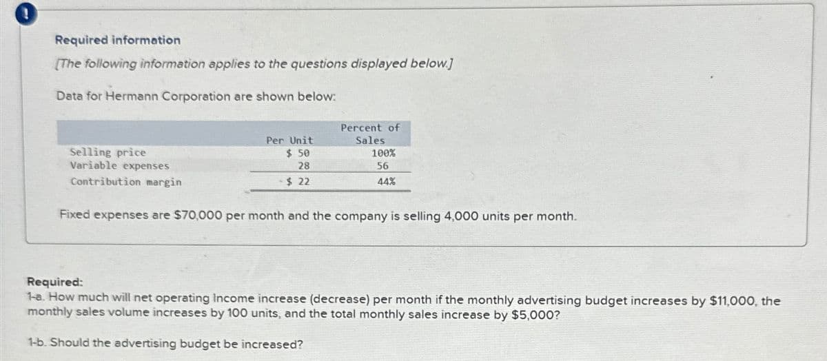 Required information
[The following information applies to the questions displayed below.]
Data for Hermann Corporation are shown below:
Selling price
Variable expenses
Contribution margin
Per Unit
Percent of
Sales
$ 50
28
100%
56
- $ 22
44%
Fixed expenses are $70,000 per month and the company is selling 4,000 units per month.
Required:
1-a. How much will net operating Income increase (decrease) per month if the monthly advertising budget increases by $11,000, the
monthly sales volume increases by 100 units, and the total monthly sales increase by $5,000?
1-b. Should the advertising budget be increased?