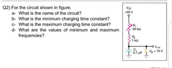 Q2) For the circuit shown in figure.
a- What is the name of the circuit?
b- What is the minimum charging time constant?
c- What is the maximum charging time constant?
Voc
+50 V
TR
50 ka
d- What are the values of minimum and maximum
frequencies?
1 ka
Veut
V - 10 V
