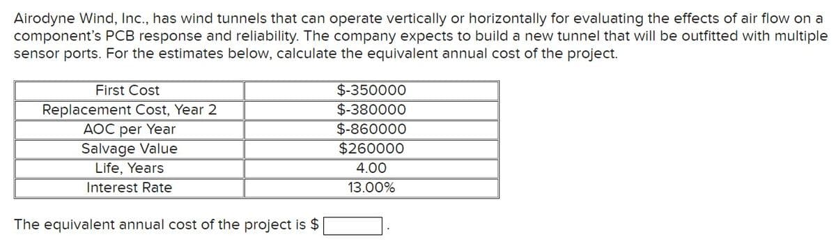 Airodyne Wind, Inc., has wind tunnels that can operate vertically or horizontally for evaluating the effects of air flow on a
component's PCB response and reliability. The company expects to build a new tunnel that will be outfitted with multiple
sensor ports. For the estimates below, calculate the equivalent annual cost of the project.
First Cost
Replacement Cost, Year 2
AOC per Year
Salvage Value
Life, Years
Interest Rate
The equivalent annual cost of the project is $
$-350000
$-380000
$-860000
$260000
4.00
13.00%