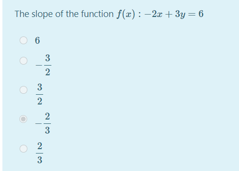 The slope of the function f(x): -2x + 3y = 6
6
3
-
2
3
2
2
3
2
3
