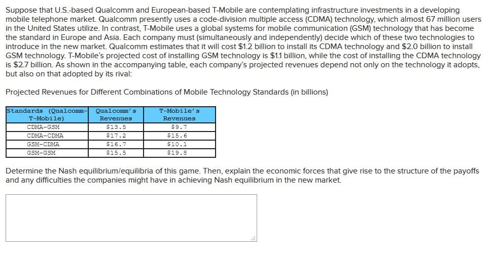 Suppose that U.S.-based Qualcomm and European-based T-Mobile are contemplating infrastructure investments in a developing
mobile telephone market. Qualcomm presently uses a code-division multiple access (CDMA) technology, which almost 67 million users
in the United States utilize. In contrast, T-Mobile uses a global systems for mobile communication (GSM) technology that has become
the standard in Europe and Asia. Each company must (simultaneously and independently) decide which of these two technologies to
introduce in the new market. Qualcomm estimates that it will cost $1.2 billion to install its CDMA technology and $2.0 billion to install
GSM technology. T-Mobile's projected cost of installing GSM technology is $1.1 billion, while the cost of installing the CDMA technology
is $2.7 billion. As shown in the accompanying table, each company's projected revenues depend not only on the technology it adopts,
but also on that adopted by its rival:
Projected Revenues for Different Combinations of Mobile Technology Standards (in billions)
Standards (Qualcomm-
Qualcomm's
T-Mobile's
T-Mobile)
Revenues
Revenues
$13.5
$17.2
$16.7
$15.5
CDMA-GSM
$9.7
CDMA-CDMA
GSM-CDMA
$15.6
$10.1
GSM-GSM
$19.8
Determine the Nash equilibrium/equilibria of this game. Then, explain the economic forces that give rise to the structure of the payoffs
and any difficulties the companies might have in achieving Nash equilibrium in the new market.
