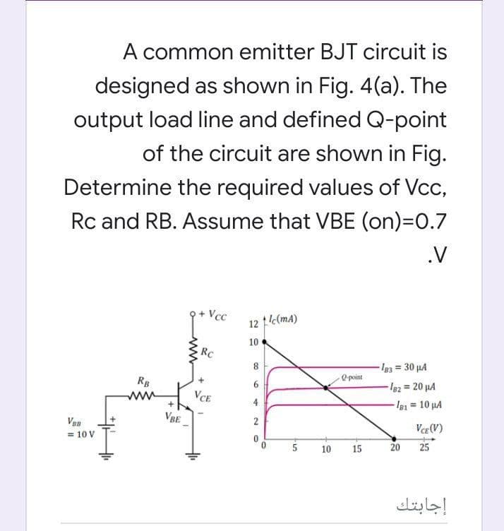 A common emitter BJT circuit is
designed as shown in Fig. 4(a). The
output load line and defined Q-point
of the circuit are shown in Fig.
Determine the required values of Vcc,
Rc and RB. Assume that VBE (on)=D0.7
.V
Vcc
12 c(mA)
10
RC
- Ig3= 30 µA
Ie2 20 µA
I81 10 µA
RB
Q point
VCE
VBE
VBB
= 10 V
2
Vce (V)
5
10
15
20
25
إجابتك
Co
64
