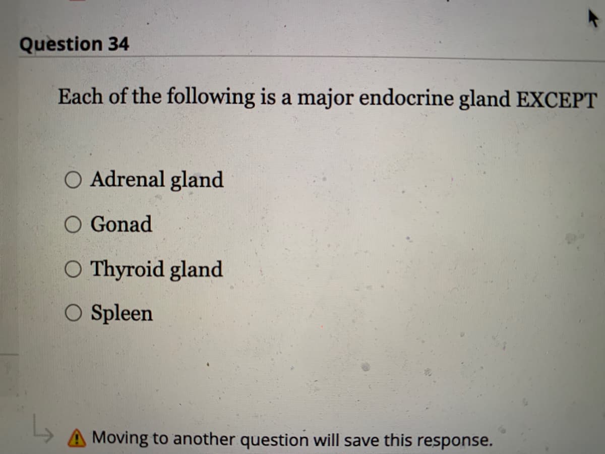 Question 34
Each of the following is a major endocrine gland EXCEPT
O Adrenal gland
O Gonad
O Thyroid gland
O Spleen
Moving to another question will save this response.