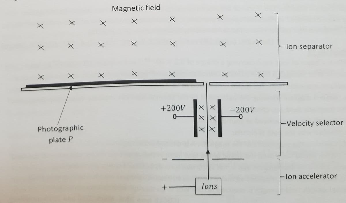 Magnetic field
lon separator
+200V
-200V
0-
Photographic
Velocity selector
plate P
lon accelerator
Ions
X X X
X X X
