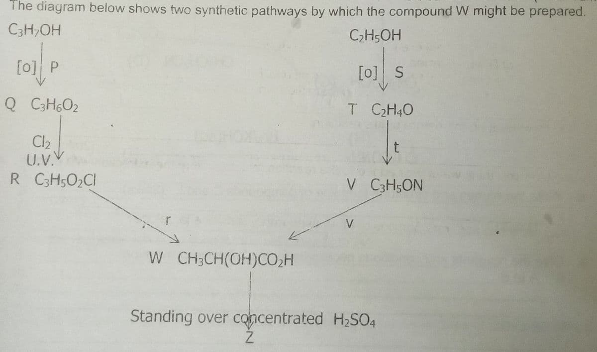 The diagram below shows two synthetic pathways by which the compound W might be prepared.
C3H;OH
C2H5OH
[0] P
[o] S
Q C3HGO2
T CH4O
Cl2
U.V.V
R C3H5O2CI
V C3H5ON
V
W CH;CH(OH)CO;H
Standing over Concentrated H2SO4
