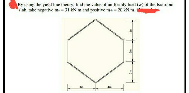 By using the yield line theory, find the value of uniformly load (w) of the Isotropic
slab, take negative m- = 31 kN.m and positive m+ = 20 kN.m.
ше
4m
4m
ws
3m
