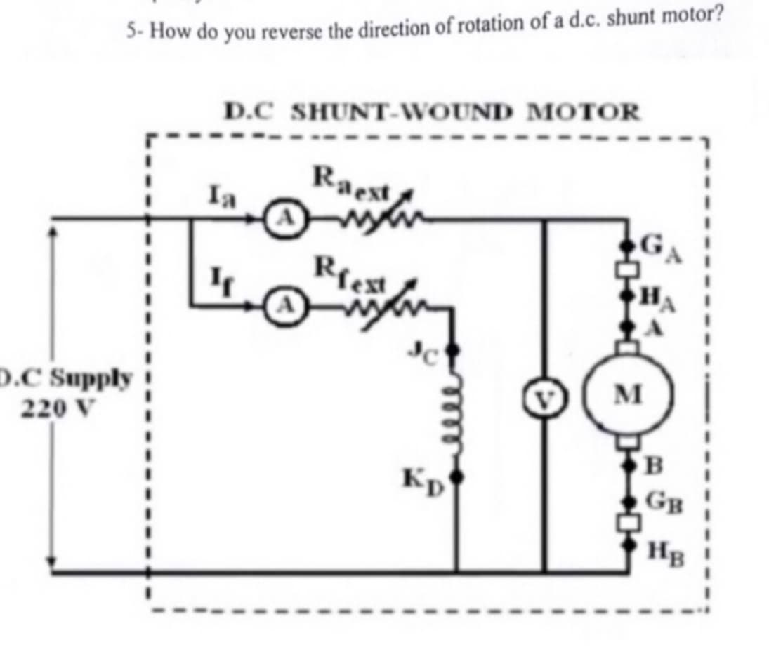 5- How do you reverse the direction of rotation of a d.c. shunt motor?
D.C Supply
220 V
D.C SHUNT-WOUND MOTOR
Ia
Raest
Rfest
Kp
M
B
GB
HB