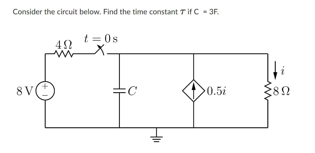 Consider the circuit below. Find the time constant Tif C = 3F.
8 V
4Ω
t = 0 s
C
›0.5i
i
8 Ω