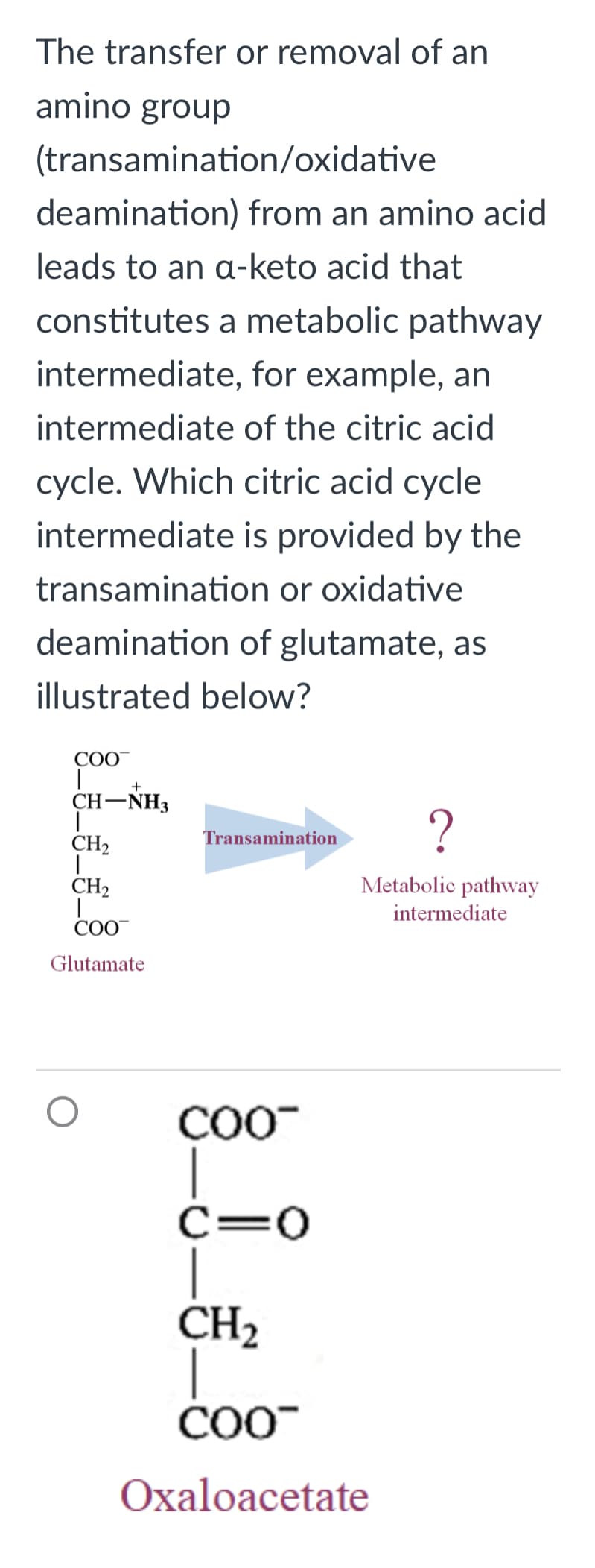 The transfer or removal of an
amino group
(transamination/oxidative
deamination) from an amino acid
leads to an a-keto acid that
constitutes a metabolic pathway
intermediate, for example, an
intermediate of the citric acid
cycle. Which citric acid cycle
intermediate is provided by the
transamination or oxidative
deamination of glutamate, as
illustrated below?
COO™
+
I
CH-NH3
I
CH₂
I
CH₂
|
COO™
Glutamate
Transamination
COO™
_i_€
?
Metabolic pathway
intermediate
COO™
Oxaloacetate