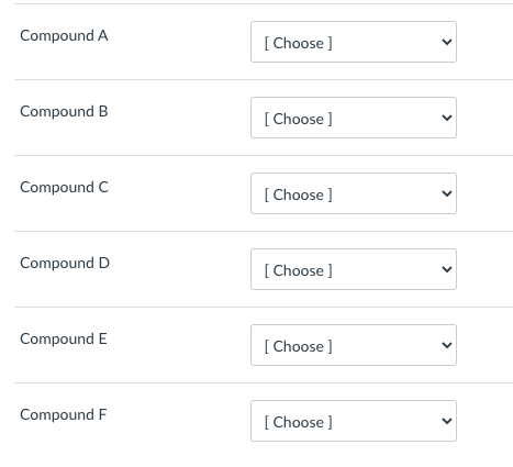 Compound A
Compound B
Compound C
Compound D
Compound E
Compound F
[Choose ]
[Choose ]
[Choose ]
[Choose]
[Choose ]
[Choose ]
<
<