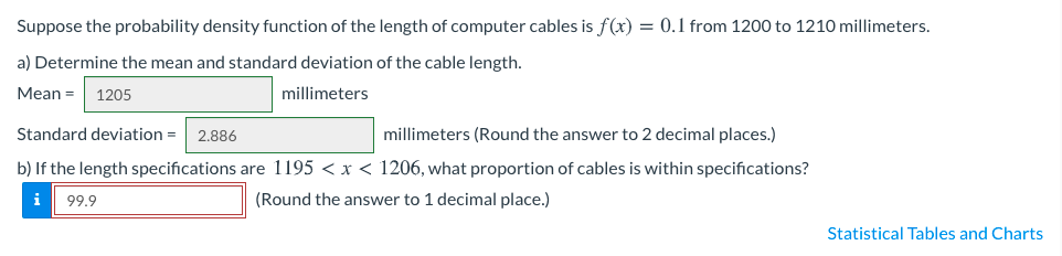 Suppose the probability density function of the length of computer cables is f(x) = 0.1 from 1200 to 1210 millimeters.
a) Determine the mean and standard deviation of the cable length.
Мean %3
1205
millimeters
Standard deviation =
2.886
millimeters (Round the answer to 2 decimal places.)
b) If the length specifications are 1195 < x < 1206, what proportion of cables is within specifications?
i
99.9
(Round the answer to 1 decimal place.)
Statistical Tables and Charts

