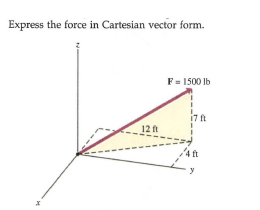 Express the force in Cartesian vector form.
F = 1500 lb
17 t
12 ft
