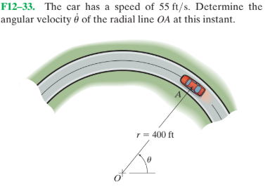 F12–33. The car has a speed of 55 ft/s. Determine the
angular velocity ở of the radial line OA at this instant.
r = 400 ft
