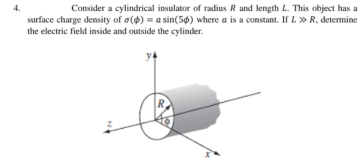 4.
Consider a cylindrical insulator of radius R and length L. This object has a
surface charge density of σ() = a sin(50) where a is a constant. If L » R, determine
the electric field inside and outside the cylinder.
ya
R