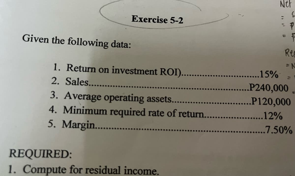 Given the following data:
Exercise 5-2
1. Return on investment ROI).....
2. Sales............
3. Average operating assets...........
4. Minimum required rate of return.......
5. Margin...........
REQUIRED:
1. Compute for residual income.
Net
:
S
- P
Reg
=N
..15% =
P240,000
..P120,000
.12%
..7.50%