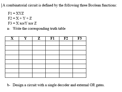 JA combinatorial circuit is defined by the following three Boolean functions:
F1 = XYZ
F2 =X+Y+Z
F3 = X xorY xor Z
a- Write the corresponding truth table
Y
F1
F2
F3
b- Design a circuit with a single decoder and external OR gates.
