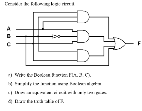 Consider the following logic circuit.
A
B
Do
- F
a) Write the Boolean function F(A, B, C).
b) Simplify the function using Boolean algebra.
c) Draw an equivalent circuit with only two gates.
d) Draw the truth table of F.
