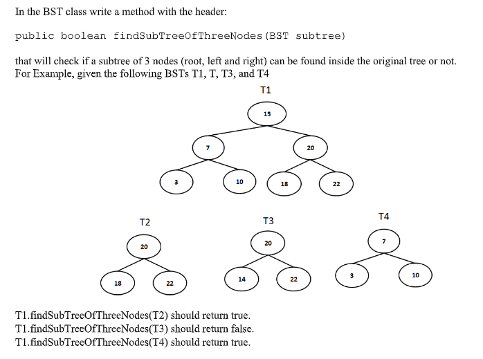 In the BST class write a method with the header:
public boolean findSubTreeOfThreeNodes (BST subtree)
that will check if a subtree of 3 nodes (root, left and right) can be found inside the original tree or not.
For Example, given the following BSTS T1, T, T3, and T4
T1
15
20
10
18
22
T4
T2
T3
20
20
10
14
22
18
22
T1.findSubTreeOfThreeNodes(T2) should return true.
T1.findSubTreeOfThreeNodes(T3) should return false.
T1.findSubTreeOfThreeNodes(T4) should return true.
