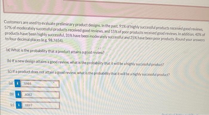 Customers are used to evaluate preliminary product designs. In the past, 91% of highly successful products received good reviews,
57% of moderately successful products received good reviews, and 15% of poor products received good reviews. In addition, 40% of
products have been highty successful, 35% have been moderately successful and 25% have been poor products. Round your answers
to four decimal places (e.g. 98.7654).
(a) What is the probability that a product attains a good review?
(b) If a new design attains a good review, what is the probability that it will be a highly successful product?
(c) If a product does not attain a good review, what is the probability that it will be a highly successful product?
(a)
5985
(b)
6082
(c) i
0897
