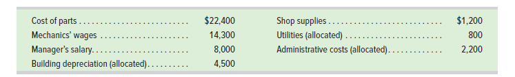 Cost of parts...
Shop supplies ...
Utilities (allocated) .
$2,400
$1,200
Mechanics' wages
14,300
800
Manager's salary..
8,000
Administrative costs (allocated).
2,200
Building depreciation (allocated)..
4,500
