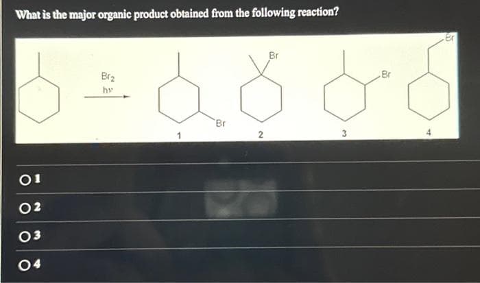 What is the major organic product obtained from the following reaction?
Br
6 = 6800
01
02
03
04
Br
2
er
3