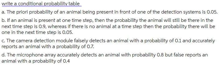 write a conditional probability table
a. The priori probability of an animal being present in front of one of the detection systems is 0.05.
b. If an animal is present at one time step, then the probability the animal will still be there in the
next time step is 0.9, whereas if there is no animal at a time step then the probability there will be
one in the next time step is 0.05.
c. The camera detection module falsely detects an animal with a probability of 0.1 and accurately
reports an animal with a probability of 0.7.
d. The microphone array accurately detects an animal with probability 0.8 but false reports an
animal with a probability of 0.4
