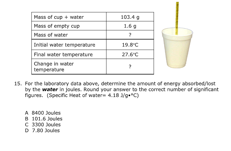 Mass of cup + water
Mass of empty cup
Mass of water
Initial water temperature
Final water temperature
Change in water
temperature
103.4 g
1.6 g
?
A 8400 Joules
B 101.6 Joules
C 3300 Joules
D 7.80 Joules
19.8°C
27.6°C
?
15. For the laboratory data above, determine the amount of energy absorbed/lost
by the water in joules. Round your answer to the correct number of significant
figures. (Specific Heat of water= 4.18 J/g °C)