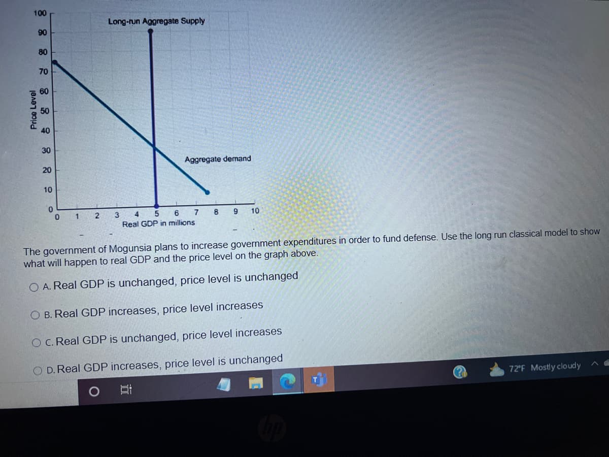 100
Price Level
90
80
70
60
50
40
30
20
10
Long-run Aggregate Supply
0
0 1 2 3
Aggregate demand
4 5
Real GDP in millions
6 7 8 9 10
in
The government of Mogunsia plans to increase government expenditures in order to fund defense. Use the long run classical model to show
what will happen to real GDP and the price level on the graph above.
O A. Real GDP is unchanged, price level is unchanged
O B. Real GDP increases, price level increases
O C. Real GDP is unchanged, price level increases
O D. Real GDP increases, price level is unchanged
hp
1₂
72°F Mostly cloudy