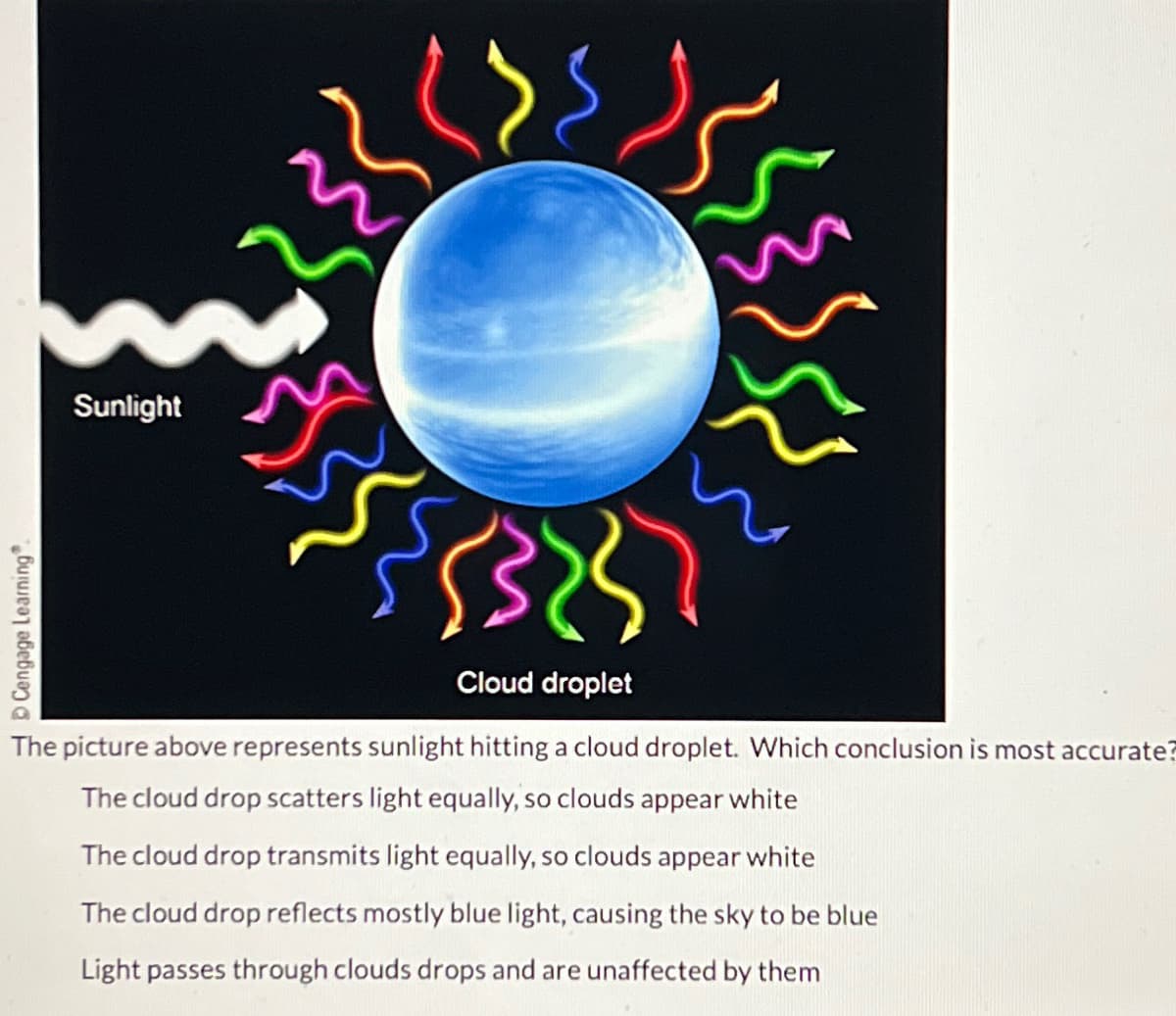 © Cengage Learning®.
Sunlight
दह
Cloud droplet
The picture above represents sunlight hitting a cloud droplet. Which conclusion is most accurate?
The cloud drop scatters light equally, so clouds appear white
The cloud drop transmits light equally, so clouds appear white
The cloud drop reflects mostly blue light, causing the sky to be blue
Light passes through clouds drops and are unaffected by them