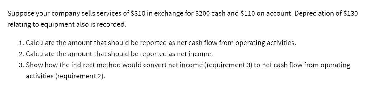 Suppose your company sells services of $310 in exchange for $200 cash and $110 on account. Depreciation of $130
relating to equipment also is recorded.
1. Calculate the amount that should be reported as net cash flow from operating activities.
2. Calculate the amount that should be reported as net income.
3. Show how the indirect method would convert net income (requirement 3) to net cash flow from operating
activities (requirement 2).