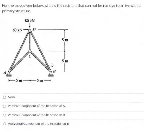 For the truss given below, what is the restraint that can not be remove to arrive with a
primary structure.
80 kN
60 kN D
5 m
5 m
B
ESm-
-5 m
O None
Vertical Component of the Reaction at A
Vertical Component of the Reaction at B
O Horizontal Component of the Reaction at B
