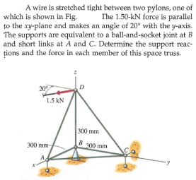 A wire is stretched tight between two pylons, one of
which is shown in Fig.
to the xy-plane and makes an angle of 20° with the y-axis.
The supports are equivalent to a ball-and-socket joint at B
and short links at A and C. Determine the support reac-
tions and the force in each member of this space truss.
The 1.50-kN force is parallel
20
D
1.5 kN
300 mm
300 mm
300 mm
A,
