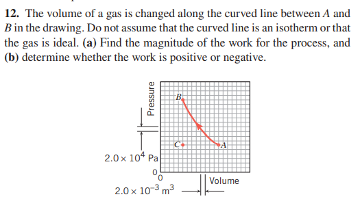 12. The volume of a gas is changed along the curved line between A and
B in the drawing. Do not assume that the curved line is an isotherm or that
the gas is ideal. (a) Find the magnitude of the work for the process, and
(b) determine whether the work is positive or negative.
2.0 x 104 Pa
Volume
2.0 x 10-3 m3
Pressure
